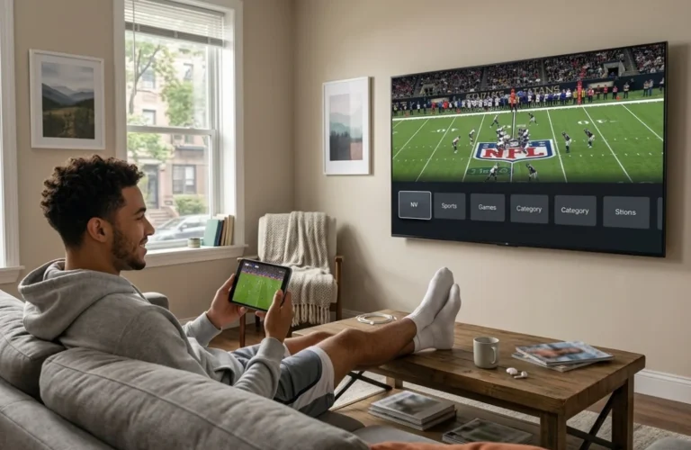 Best IPTV in USA 2026 American viewer watching NFL on 8K TV and smartphone simultaneously