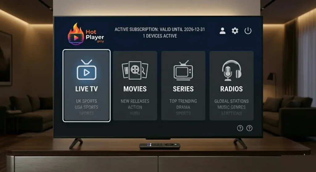 Hot Player App home screen with active IPTV subscription — Live TV, Movies, Series