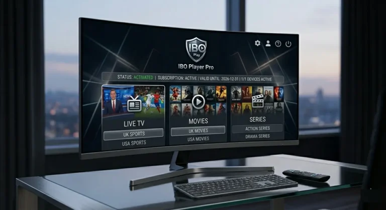 IBO Player Pro home screen with active IPTV subscription 2026 — Live TV, Movies, Series