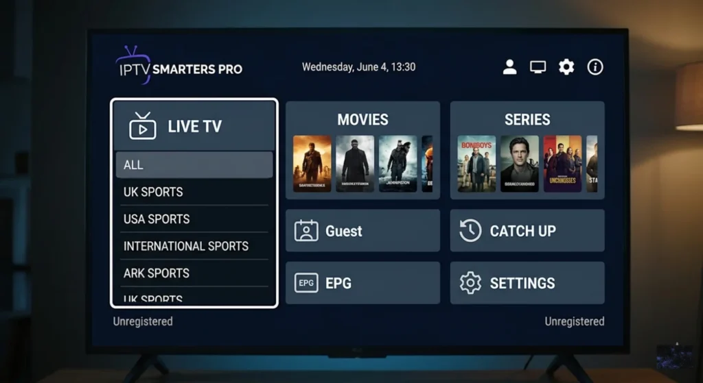 IPTV Smarters Pro home screen on Firestick showing channels from best IPTV providers