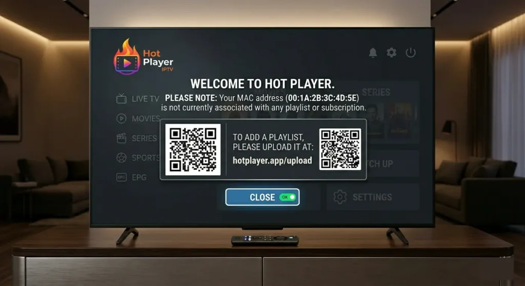 Hot Player App MAC address screen — link your IPTV playlist