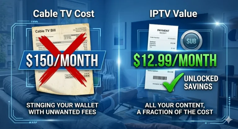 Best IPTV in USA saves $1300 per year infographic cable TV $150 vs IPTV $12.99 per month