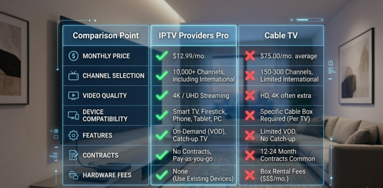 Best IPTV in USA vs cable TV comparison table 2026 showing price channels quality and features