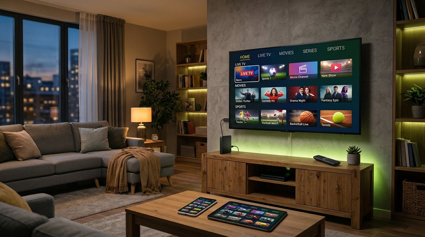 IPTV setup on a smart TV, streaming stick, phone and tablet