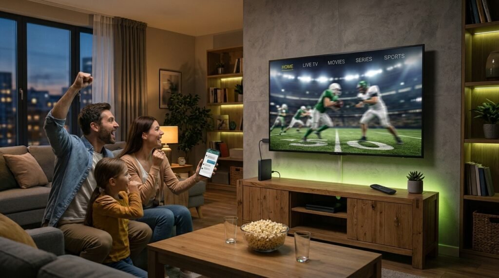 Family watching a live football game with a free IPTV trial