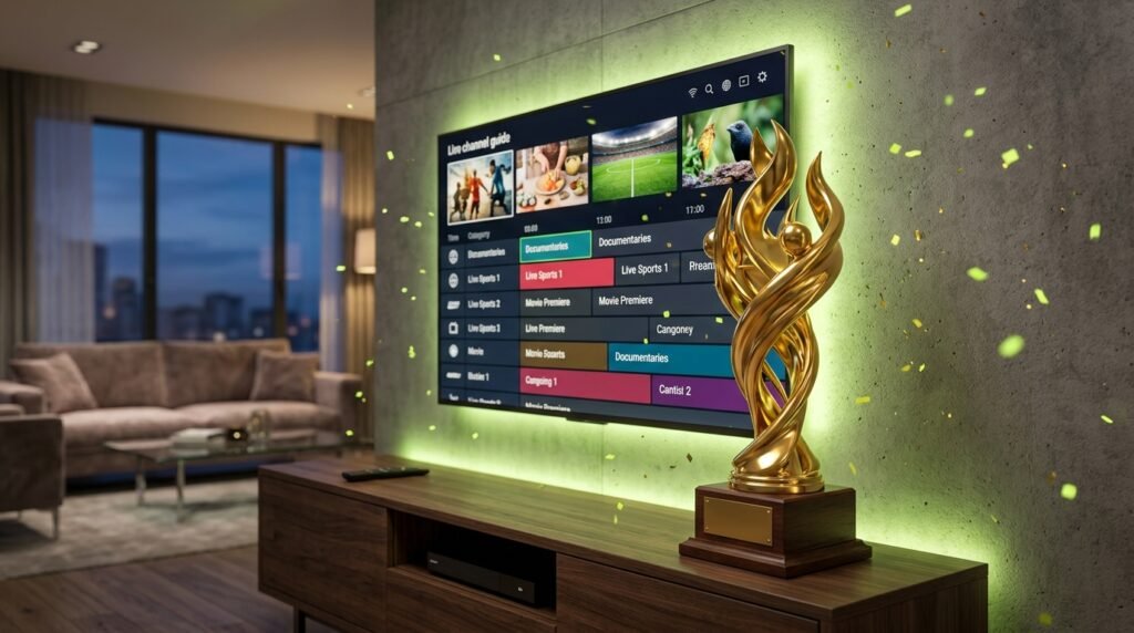 Best IPTV provider award in front of a smart TV channel guide
