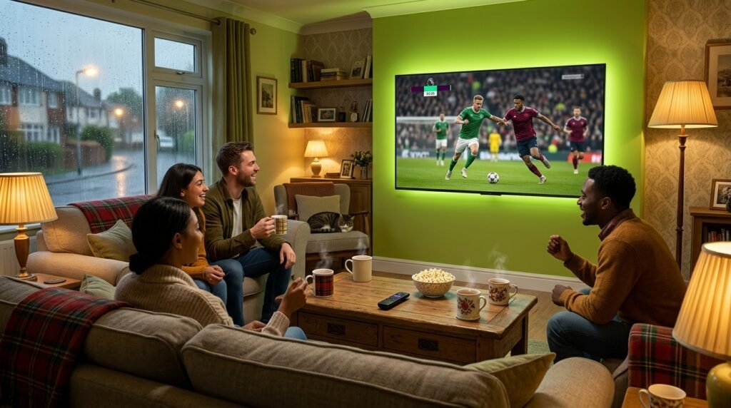 Friends watching Premier League football with IPTV UK