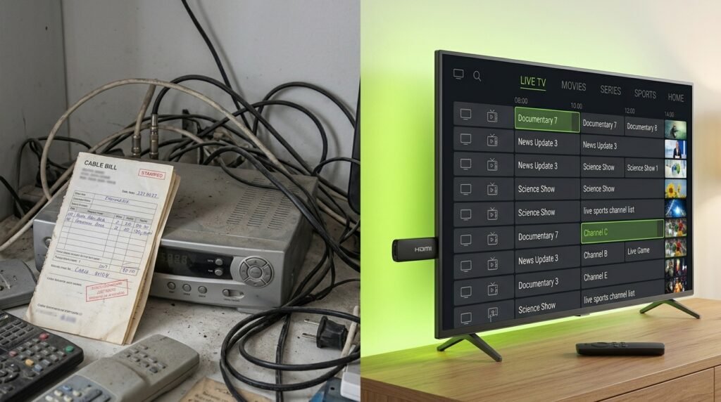 IPTV vs cable TV: old cable box and bills versus a streaming stick